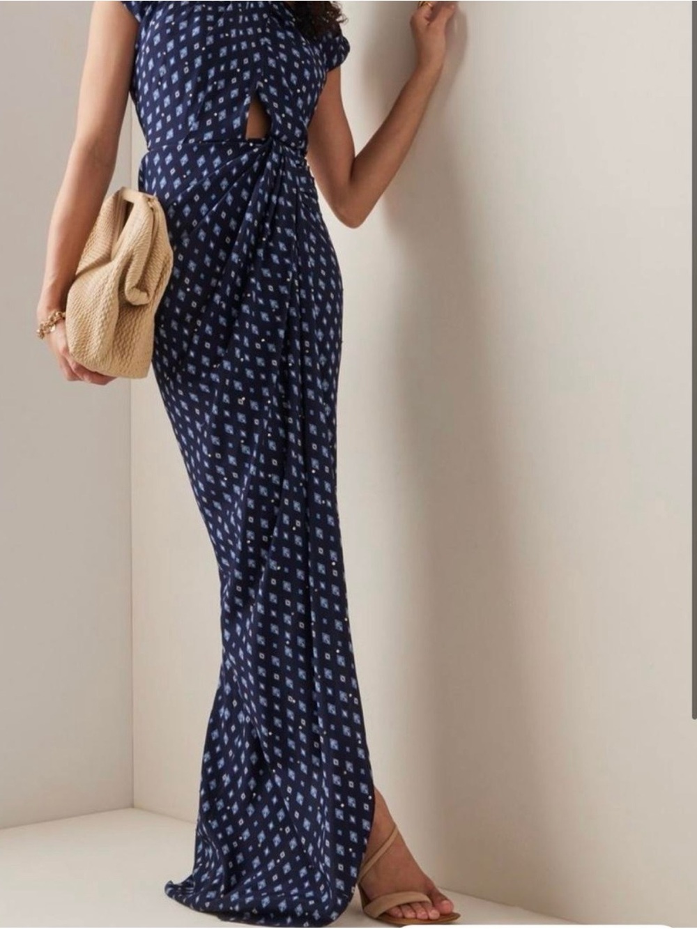 Johanna Ortiz Designer Navy Blue Patterned Maxi Dress with Front Twist